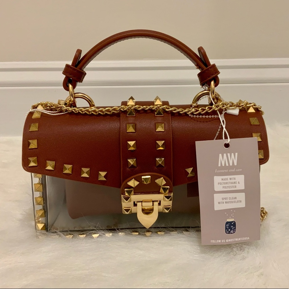 Studded Clear Box Bag – Designer Inspired Brown & Gold Crossbody Purse